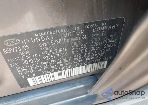 2006 Hyundai Santa Fe Gls/Limited z USA, uszkodzony, nr VIN KM8SC73E56U073524